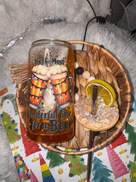 Beer glass, lid and straw