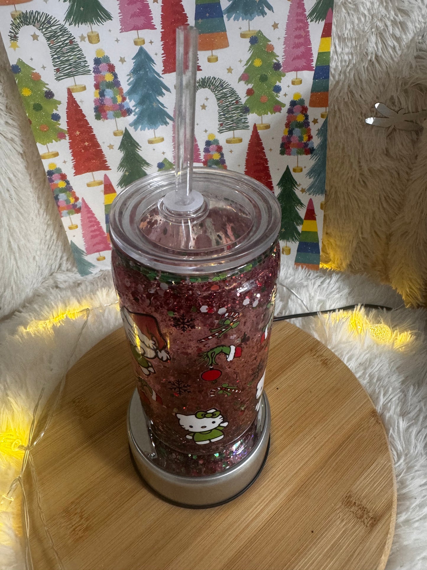 Christmas Kitty Grinch mode Snowglobe acrylic cup